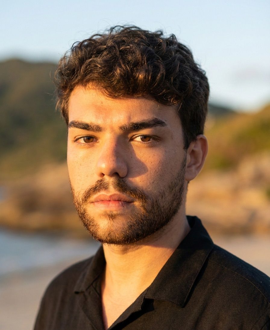 Leonardo Roquini, de camisa escura, na luz de fim de tarde.