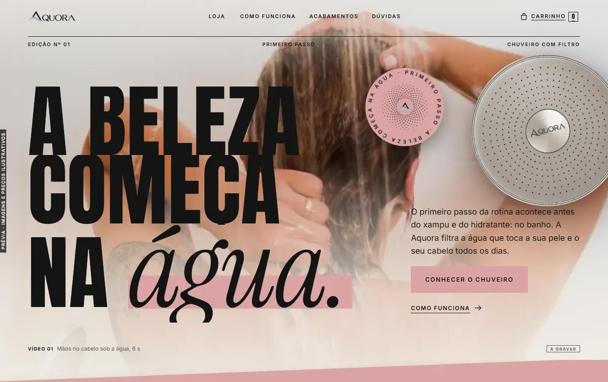 Prévia do site da Aquora, com imagens ilustrativas