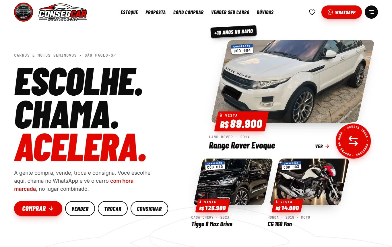 O site da ConsegCar: a abertura com carros e motos do estoque, os botões comprar, vender, trocar e consignar, e o WhatsApp no topo