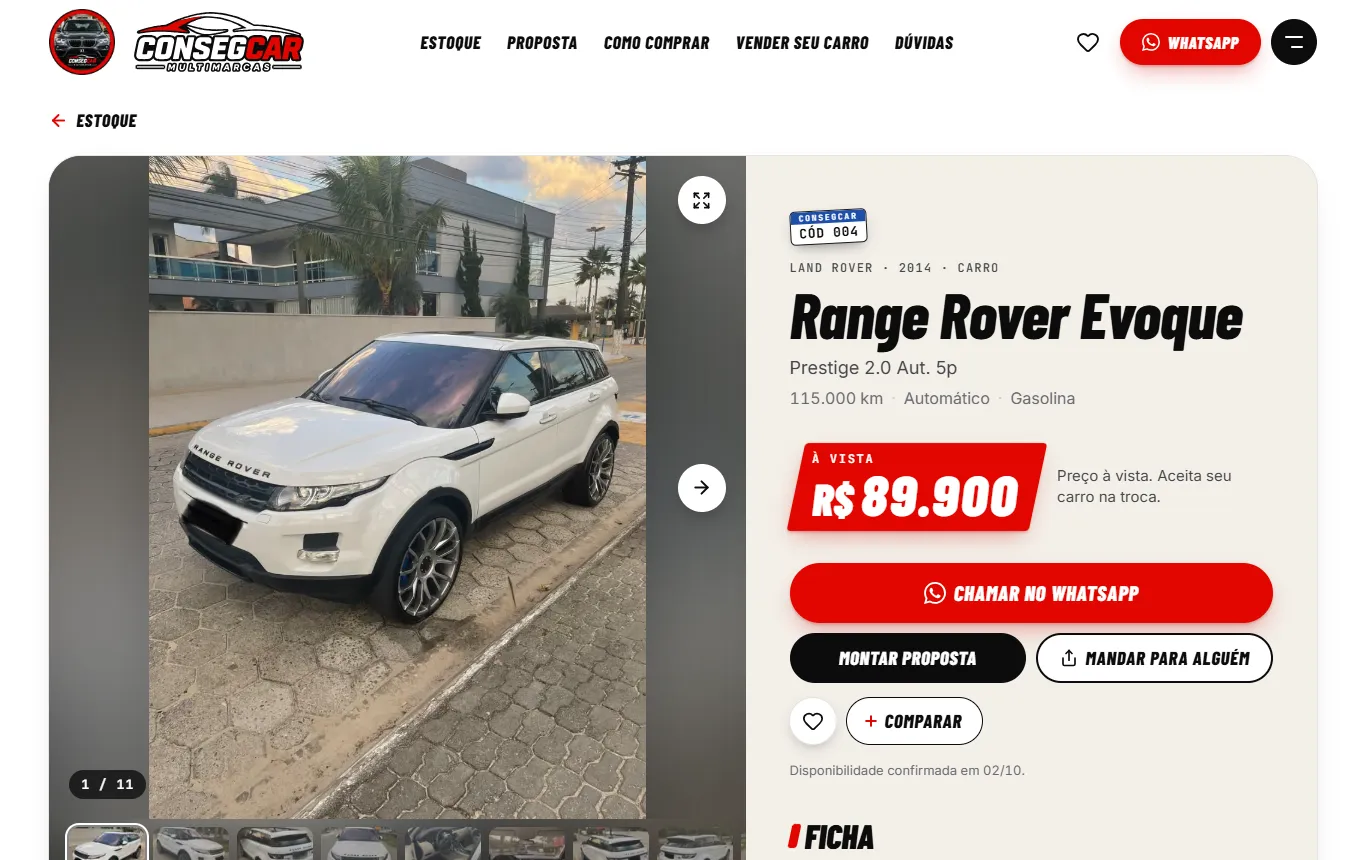 A página de um carro no site da ConsegCar, com a galeria de fotos, a ficha e o botão Chamar no WhatsApp