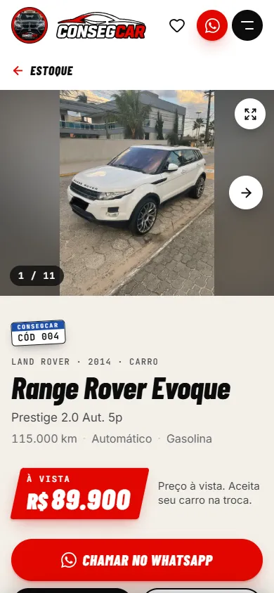 A página de um carro no celular, com as fotos, a ficha e o botão do WhatsApp