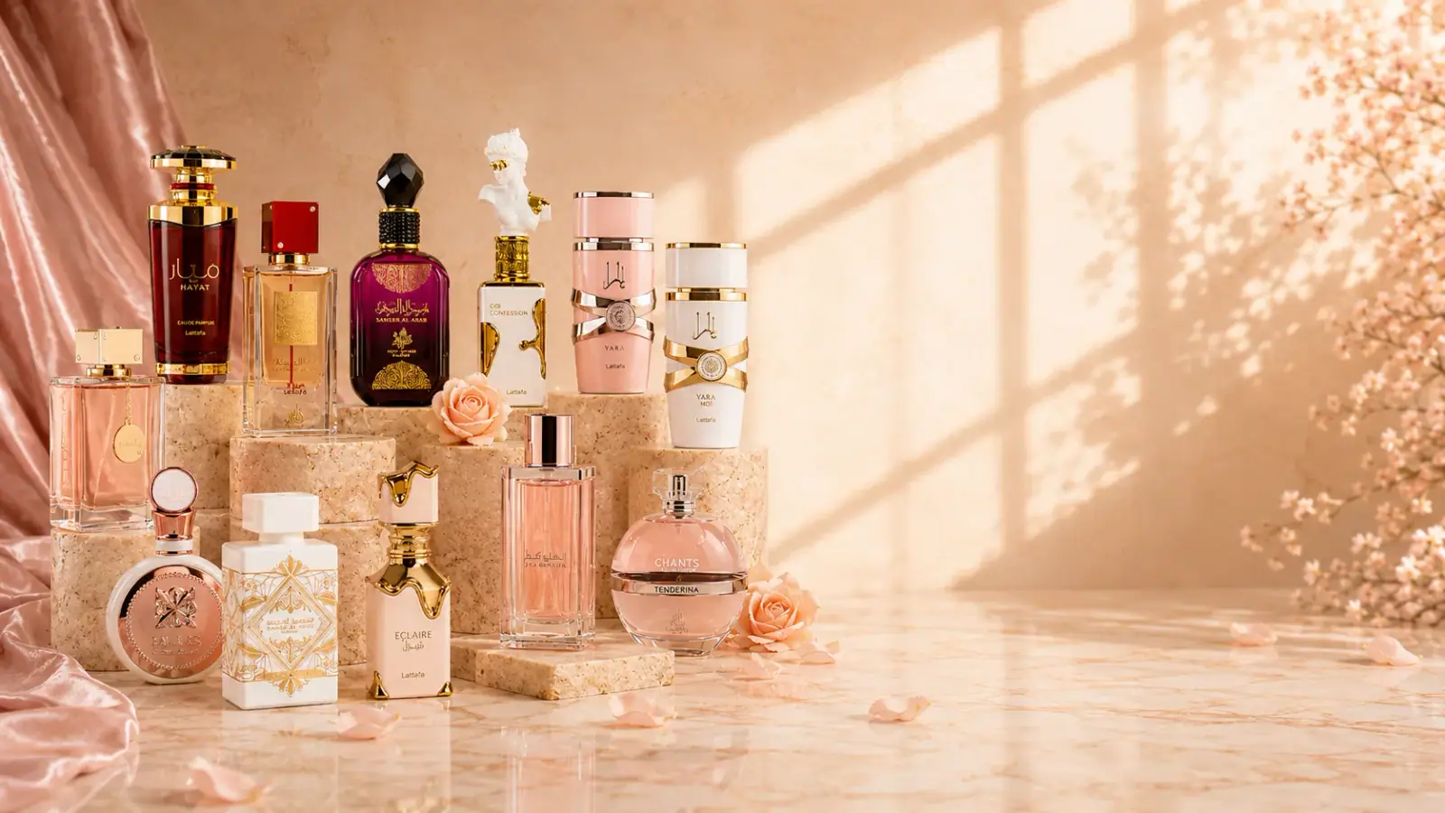 Cena de perfumes do universo Para ela, em tons de rosa e luz quente