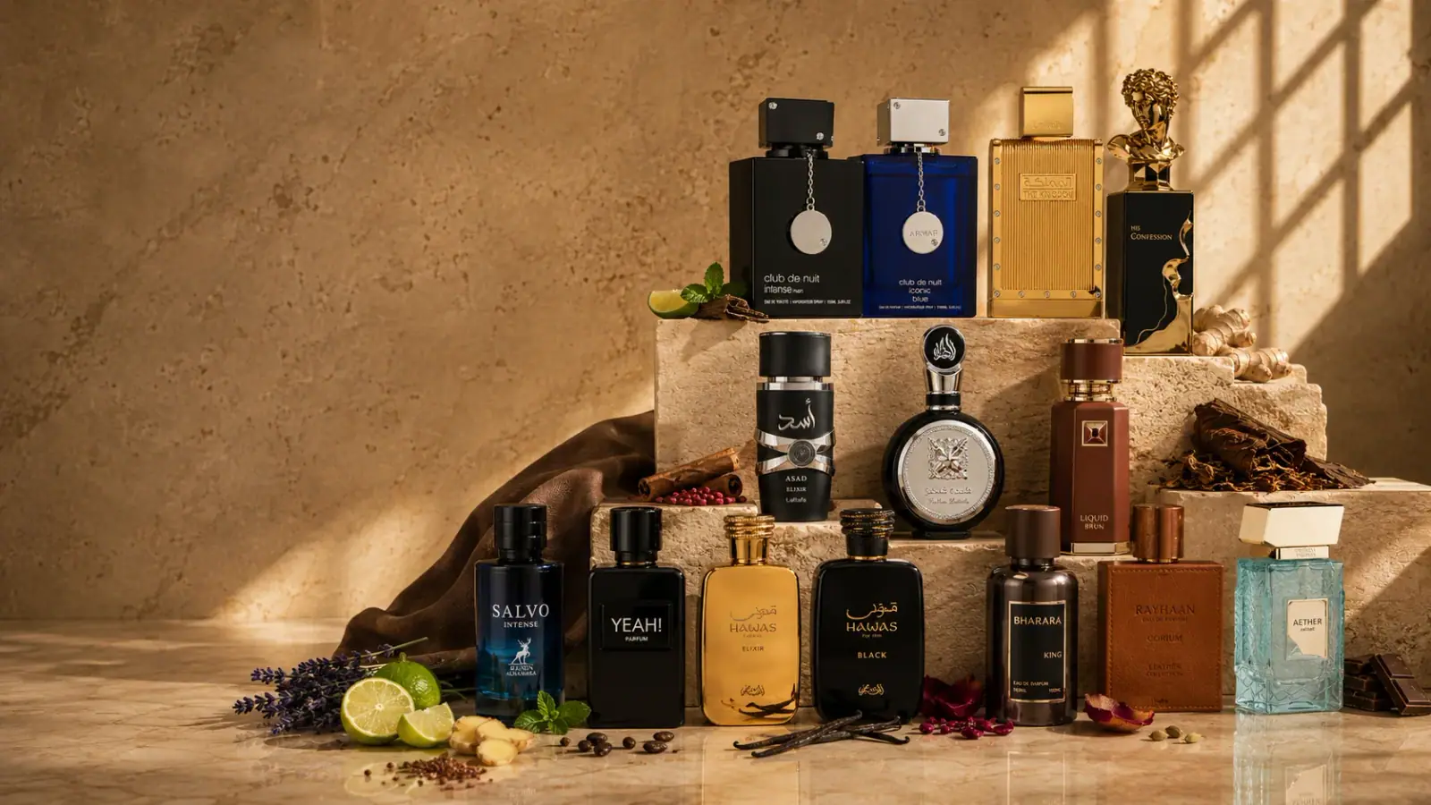 Cena de perfumes do universo Para ele, em tons de madeira e azul
